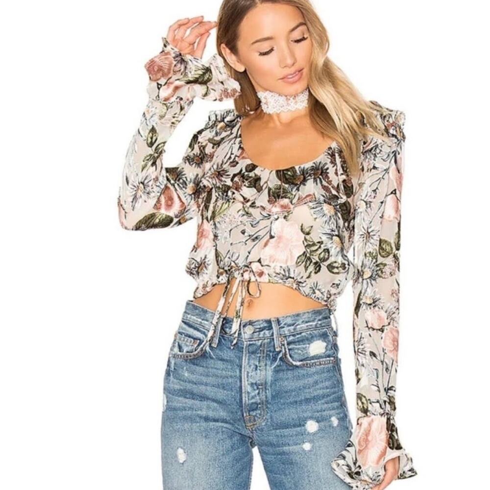 For Love & Lemons Luciana Ruffle Ivory Pink Grey FloralSheer Crop Blouse Small